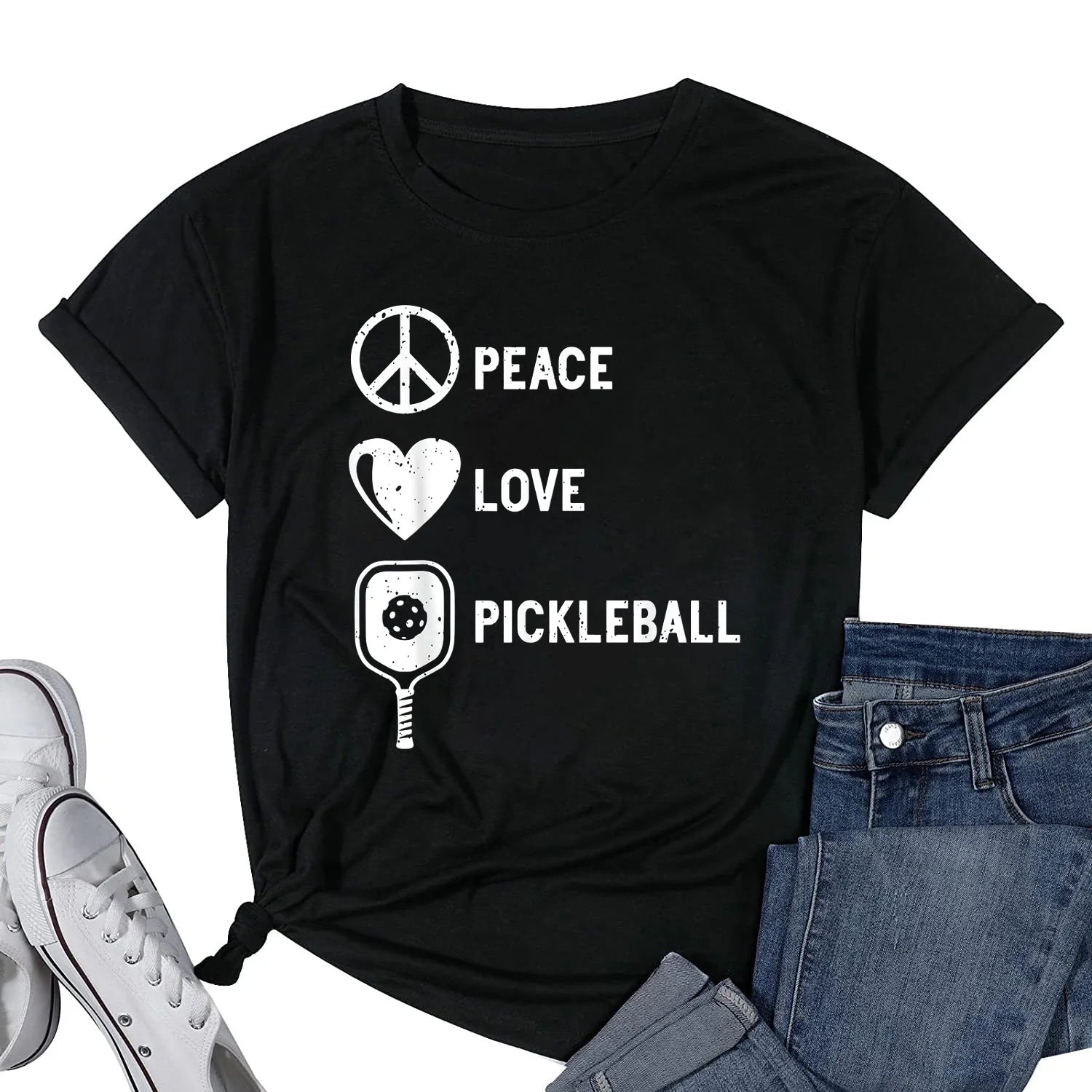 Womens Pickleball Tshirts Pickleball Shirt Peace Love Pickleball T-Shirt Black Large