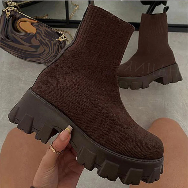 Women Boots Elastic Platform Boots Breathable Spring Summer Heels Botas Mujer Slip on Ankle Boots Elegant Woman Heeled Shoes