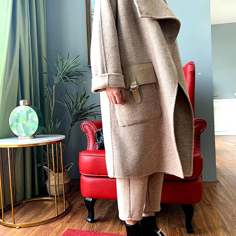 Autumn Winter Vintage Herringbone Pattern Cashmere Coats Female Mid-Length British Style Light Luxury Double-Sided Woolen Coat