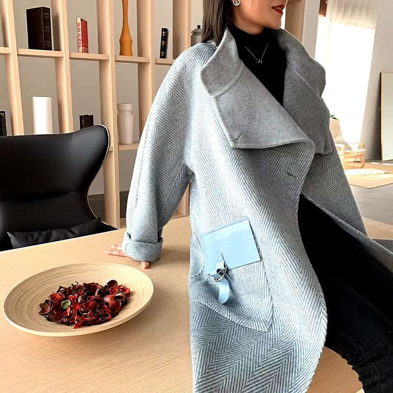 Autumn Winter Vintage Herringbone Pattern Cashmere Coats Female Mid-Length British Style Light Luxury Double-Sided Woolen Coat