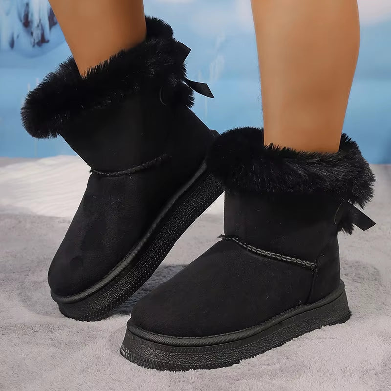 Winter Faux Suede Women Fluffy Snow Boots Warm Plush Platform Ankle Booties Woman Bow Slip on Cotton Boots 36-42