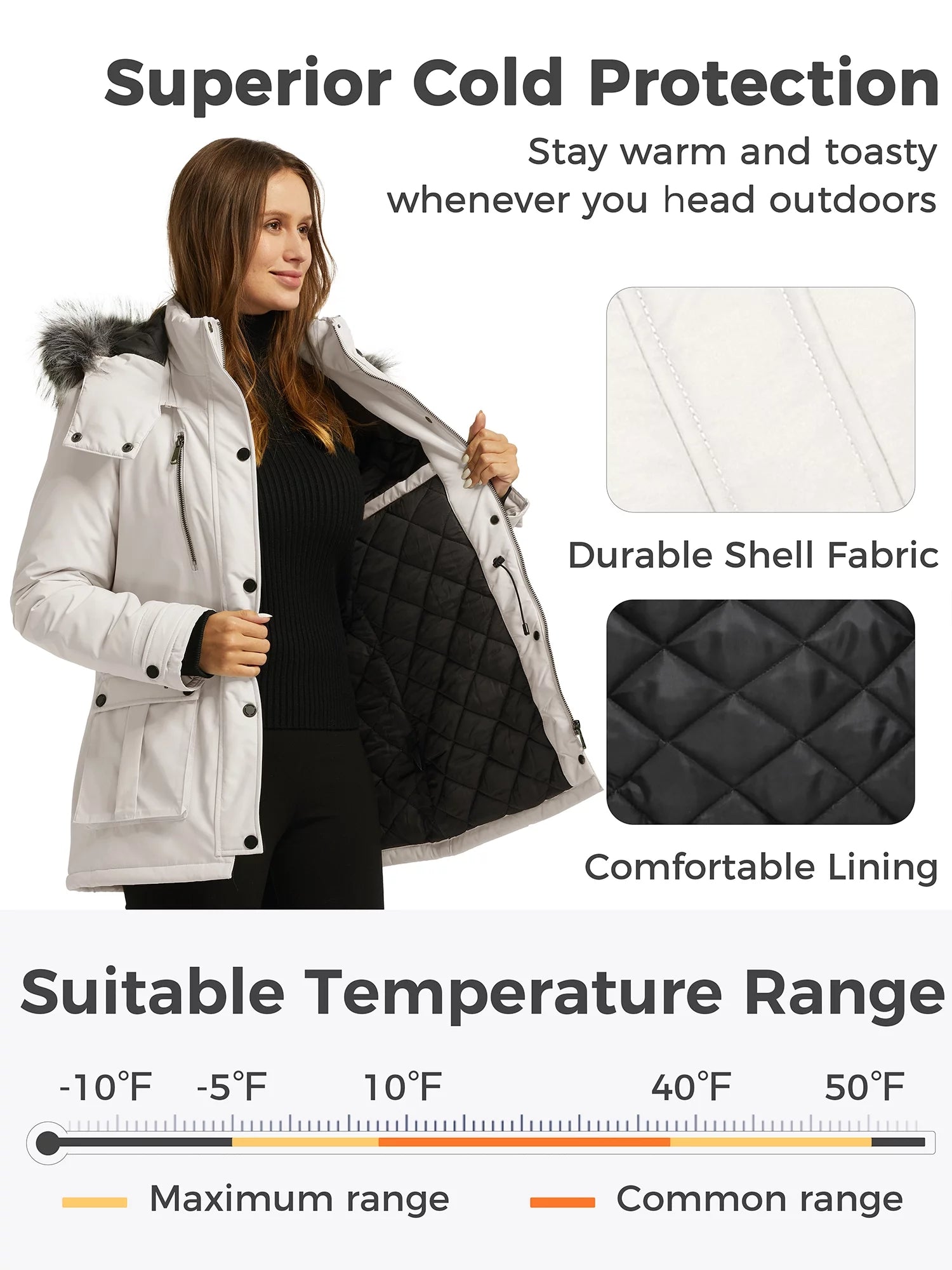 Women'S Winter Coat Hooded Winter Jacket Insulated Winter Parka Grayish White S