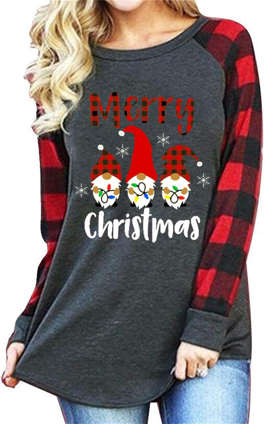 Christmas Shirt Women Gnomes T-Shirt Plaid Splicing Raglan Long Sleeve Tee Christmas Holiday Tops