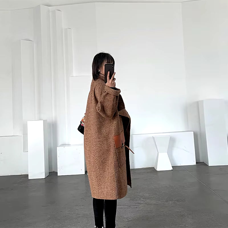 Autumn Winter Vintage Herringbone Pattern Cashmere Coats Female Mid-Length British Style Light Luxury Double-Sided Woolen Coat