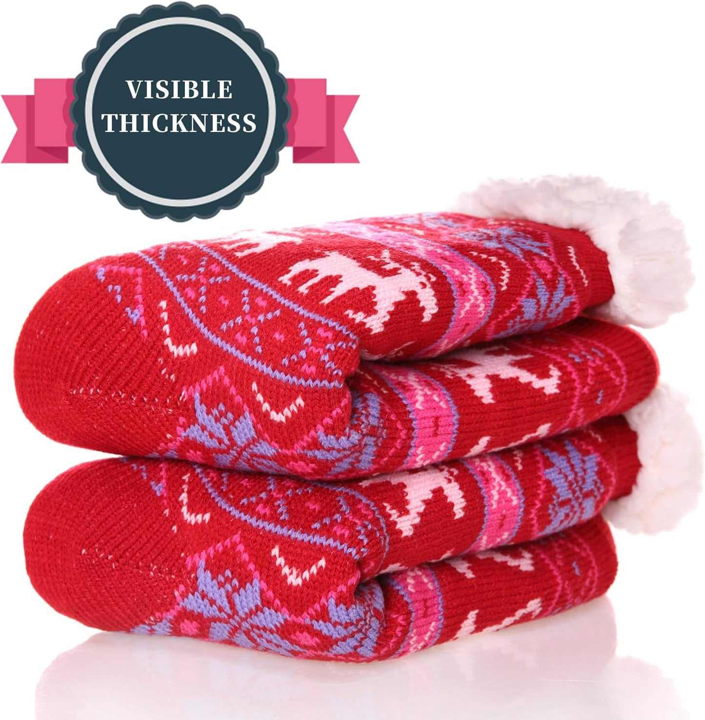 Women'S Winter Super Soft Warm Cozy Fuzzy Snowflake Deer Fleece-Lined with Grippers Slipper Socks